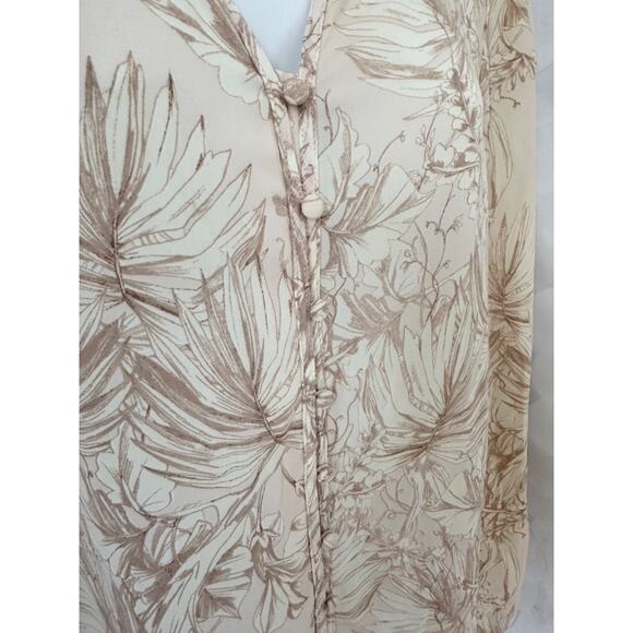 Cynthia Rowley M Beige Toile Palm leaf print chiffon blouse long sleeve V neck - Picture 6 of 9